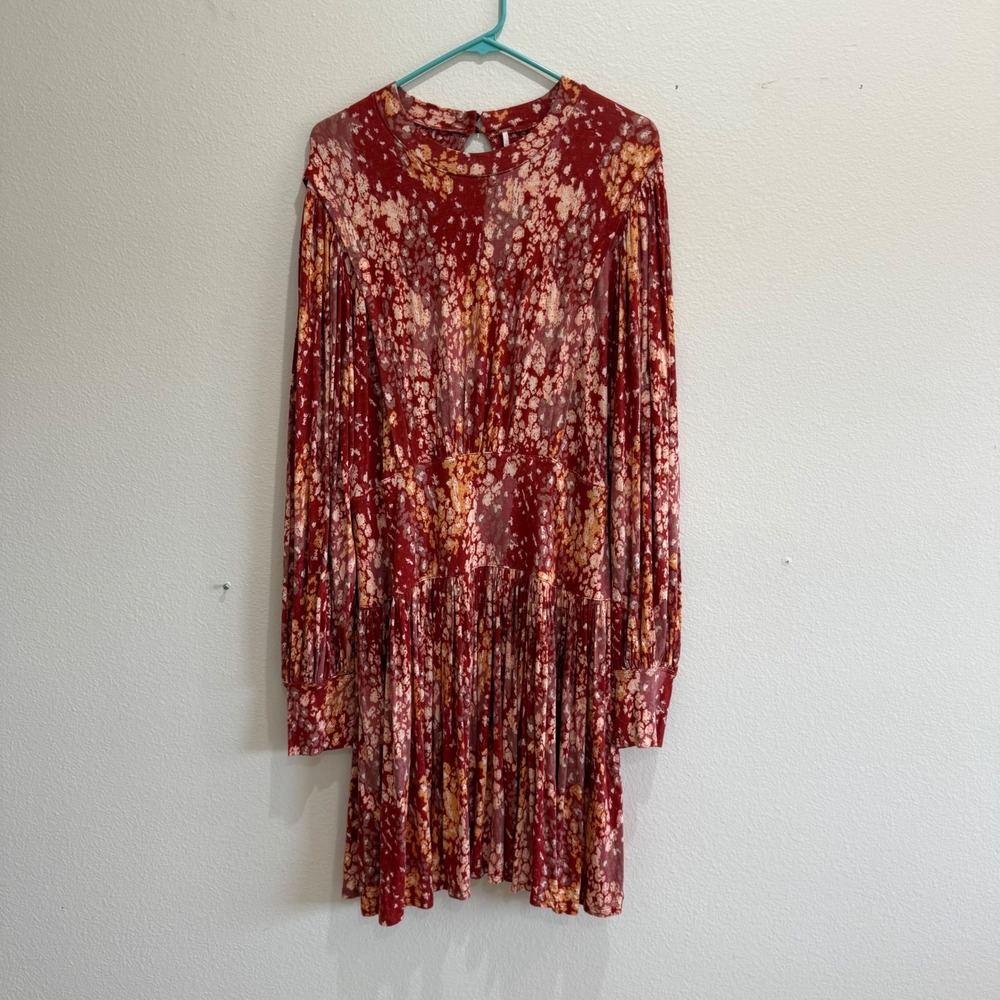 Free People heartbeats Red Abstract Floral Long Sleeve Pleated Mini Dress XL